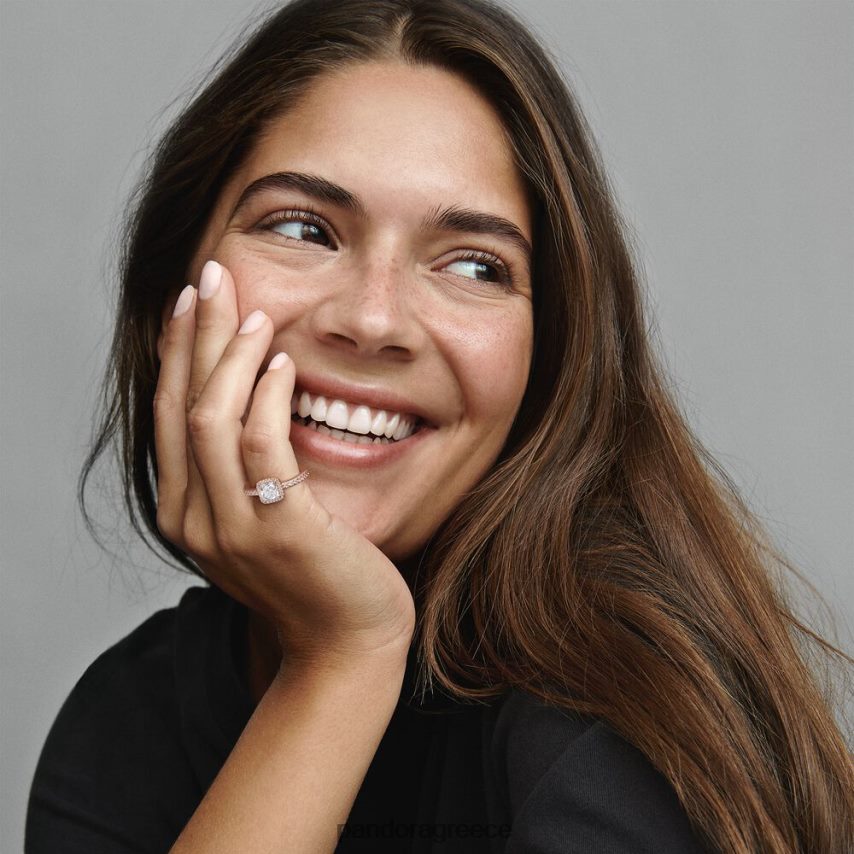 ροζ επιχρυσωμένο αξεσουάρ Pandora τετράγωνο δαχτυλίδι φωτοστέφανο με λάμψη 4JZJZH510