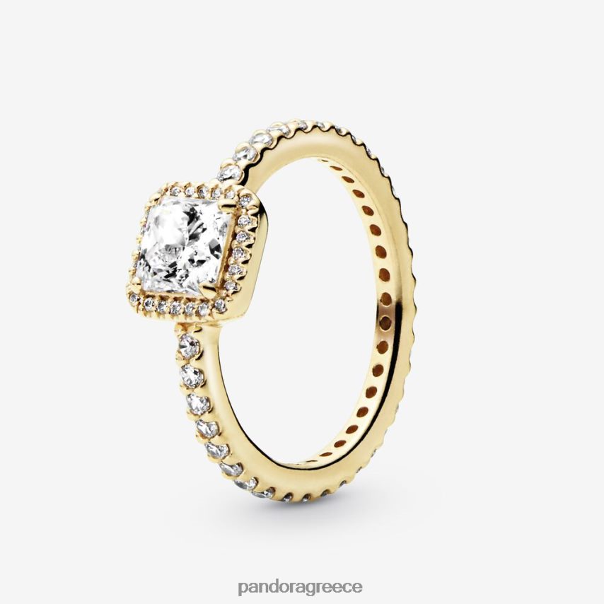 χρυσός αξεσουάρ Pandora τετράγωνο δαχτυλίδι φωτοστέφανο με λάμψη 4JZJZH698