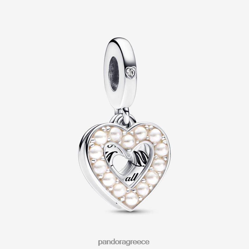 ασημί/λευκό αξεσουάρ Pandora μαργαριταρένιο γούρι με διπλή κρέμονται καρδιά 4JZJZH192