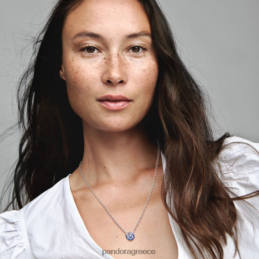 ασημί/μπλε αξεσουάρ Pandora κολιέ με κρεμαστό λουλούδι πανσές 4JZJZH779