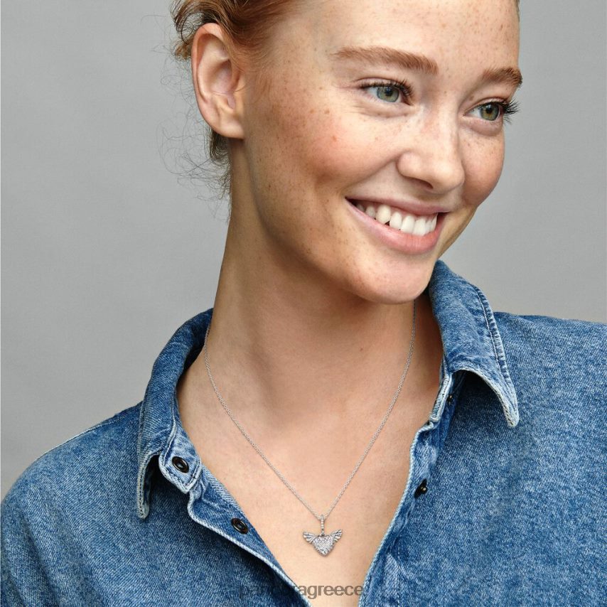 ασήμι στερλίνα αξεσουάρ Pandora κολιέ καρδιά πλακόστρωτο και φτερά αγγέλου 4JZJZH782