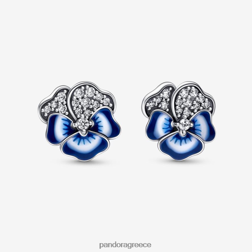 ασημί/μπλε αξεσουάρ Pandora σκουλαρίκια με λουλούδια πανσές 4JZJZH901