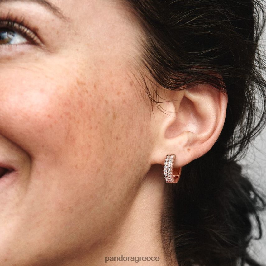 ροζ επιχρυσωμένο αξεσουάρ Pandora διαχρονικά πλακόστρωτα σκουλαρίκια κρίκοι διπλής σειράς 4JZJZH849