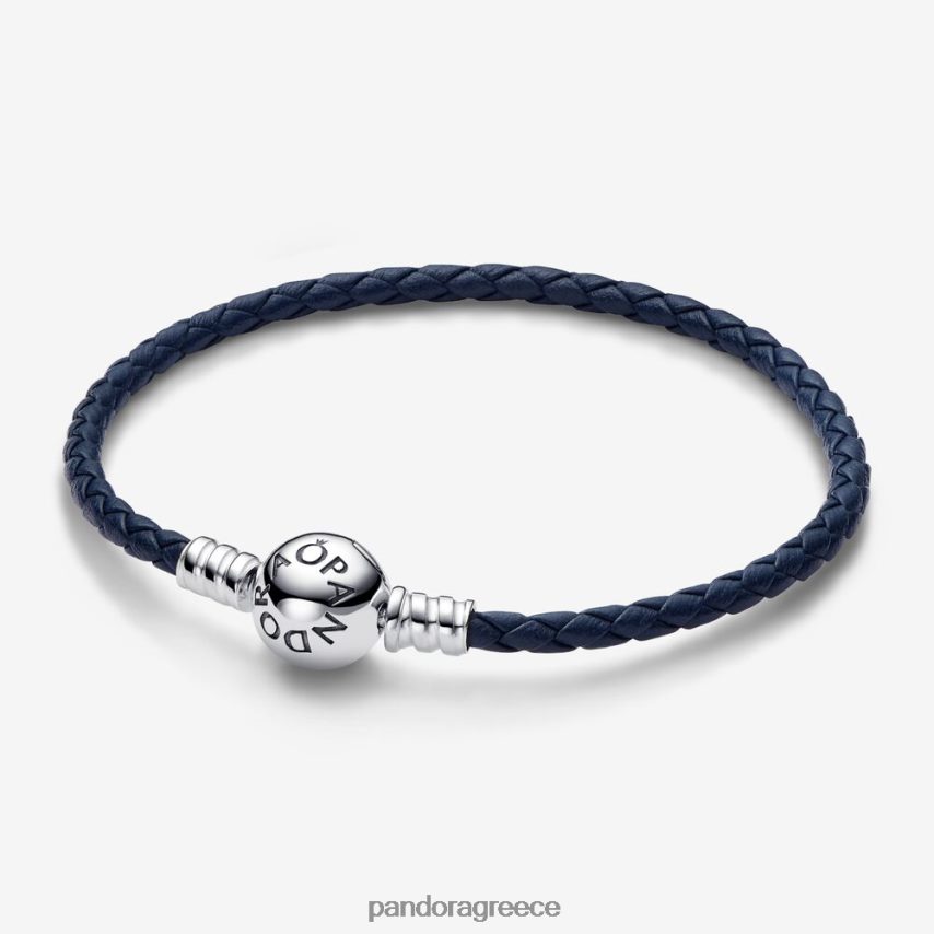 ασημί/μπλε αξεσουάρ Pandora Στιγμές στρογγυλό κούμπωμα πλεγμένο δερμάτινο βραχιόλι 4JZJZH363