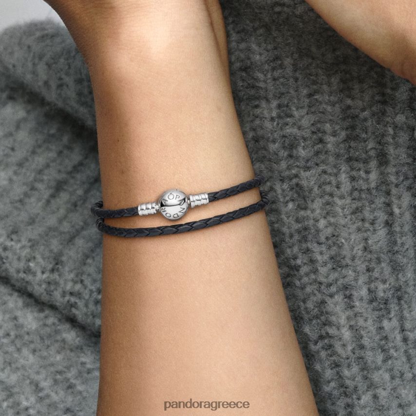 ασημί/μαύρο αξεσουάρ Pandora Στιγμές διπλό δερμάτινο βραχιόλι 4JZJZH367