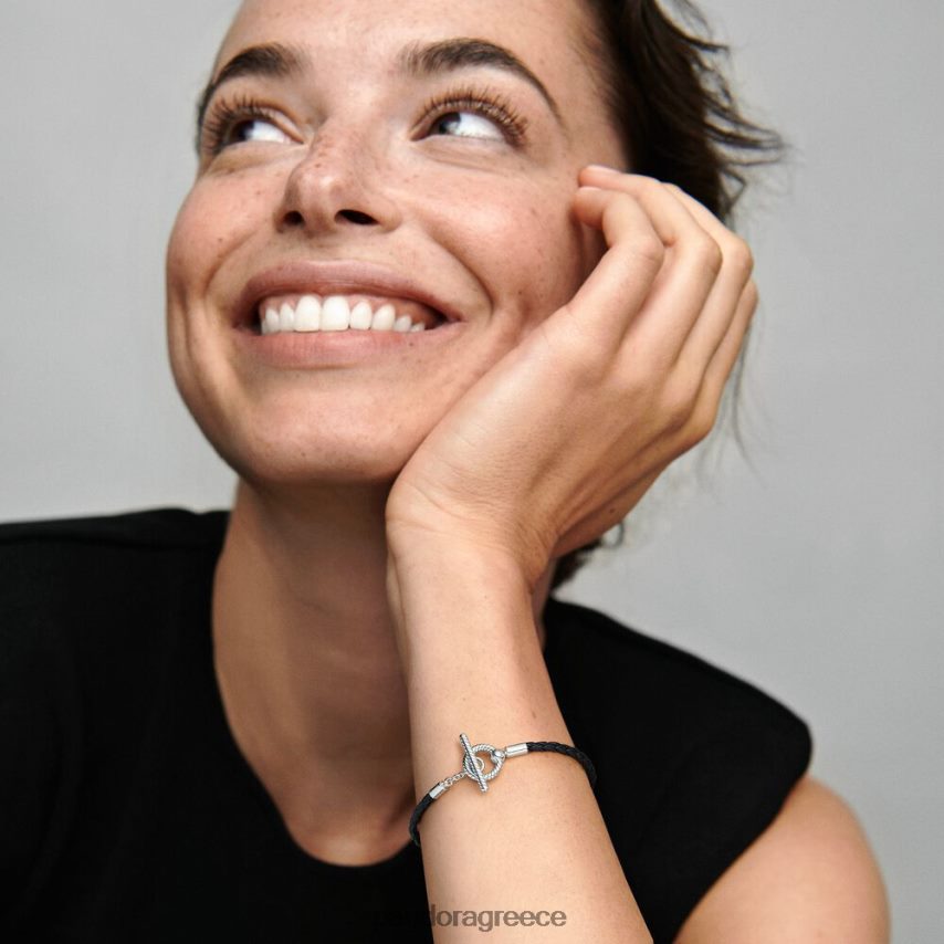 ασήμι στερλίνα αξεσουάρ Pandora Στιγμές πλεγμένο δερμάτινο t-bar βραχιόλι 4JZJZH433